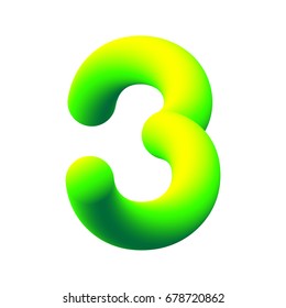 3d number 3, three. 3d font. Three-dimensional numeral alphabet letter. EPS10 vector illustration. Neon yellow-green font.