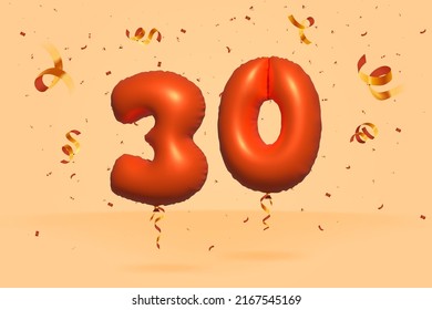 3d number 30 Sale off discount promotion made of realistic confetti Foil 3d Orange helium balloon vector. Illustration for selling poster, banner ads, shopping bag, gift box, birthday, anniversary