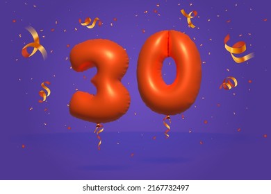 3d number 30 Sale off discount promotion made of realistic confetti Foil 3d Orange helium balloon vector. Illustration for selling poster, banner ads, shopping bag, gift box, birthday, anniversary