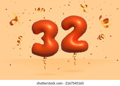 3d number 32 Sale off discount promotion made of realistic confetti Foil 3d Orange helium balloon vector. Illustration for selling poster, banner ads, shopping bag, gift box, birthday, anniversary