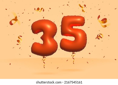 3d number 35 Sale off discount promotion made of realistic confetti Foil 3d Orange helium balloon vector. Illustration for selling poster, banner ads, shopping bag, gift box, birthday, anniversary