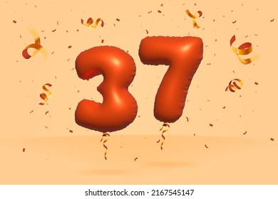 3d number 37 Sale off discount promotion made of realistic confetti Foil 3d Orange helium balloon vector. Illustration for selling poster, banner ads, shopping bag, gift box, birthday, anniversary