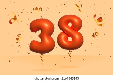 3d number 38 Sale off discount promotion made of realistic confetti Foil 3d Orange helium balloon vector. Illustration for selling poster, banner ads, shopping bag, gift box, birthday, anniversary