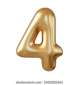 3d Number 4. Four Number sign gold color Isolated on white background. 3d rendering. Vector illustration