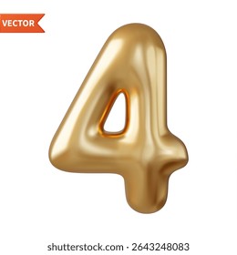 3d Number 4. Four Number sign gold color Isolated on white background. 3d rendering. Vector illustration