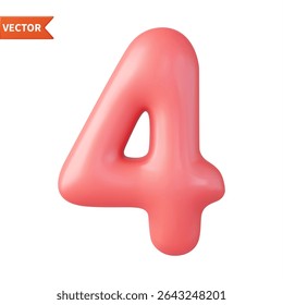 3d Number 4. Four Number sign red color. Isolated on white background. 3d rendering. Vector illustration