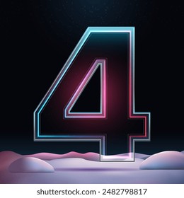 3D number 4 with neon light insight.  Glass symbol with sparkles and winter background. Futuristic holiday decoration. Element for design poster, advertisign or game