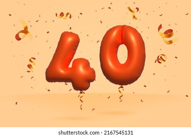 3d number 40 Sale off discount promotion made of realistic confetti Foil 3d Orange helium balloon vector. Illustration for selling poster, banner ads, shopping bag, gift box, birthday, anniversary