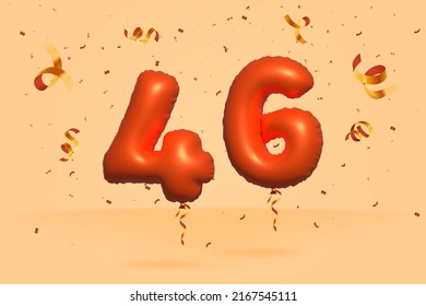 3d number 46 Sale off discount promotion made of realistic confetti Foil 3d Orange helium balloon vector. Illustration for selling poster, banner ads, shopping bag, gift box, birthday, anniversary