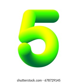 3d number 5, five. 3d font. Three-dimensional numeral alphabet letter. EPS10 vector illustration. Neon yellow-green vibrant font. Liquid gradient color path.