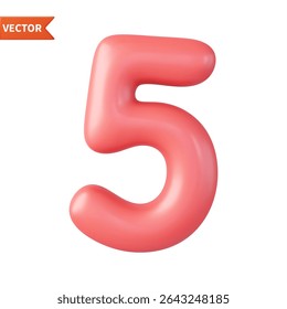 3d Number 5. Five Number sign red color. Isolated on white background. 3d rendering. Vector illustration