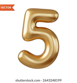 3d Number 5. Five Number sign gold color Isolated on white background. 3d rendering. Vector illustration