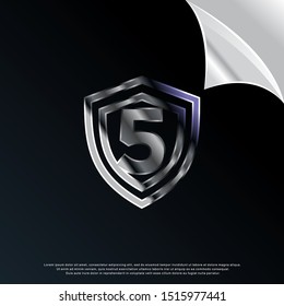 3D Number 5 Inside Shield Icon, Modern Template Logo Design