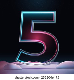 3D number 5 with neon light insight. Big realistic symbol with sparkles and winter background. Futuristic holiday decoration. Element for design poster, advertisign or game