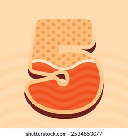 3D número 5 con patrones de onda y puntos naranjas sobre un fondo beige. Perfecto para Diseño gráfico moderno, Materiales promocionales o proyectos digitales creativos.