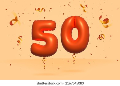 3d number 50 Sale off discount promotion made of realistic confetti Foil 3d Orange helium balloon vector. Illustration for selling poster, banner ads, shopping bag, gift box, birthday, anniversary