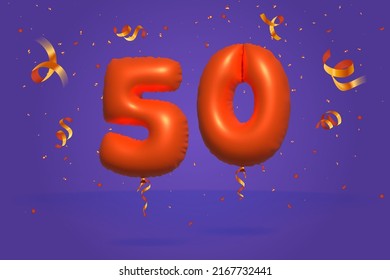 3d número 50 Venta de promoción de descuento hecha de confeti realista Foil 3d Vector de globo de helio naranja. Ilustración para la venta de afiches, anuncios publicitarios, bolsas de compras, caja de regalo, cumpleaños, aniversario