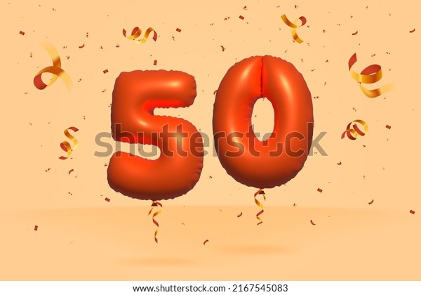 3d number 50 Sale off discount promotion made\
of realistic confetti Foil 3d Orange helium balloon vector.\
Illustration for selling poster, banner ads, shopping bag, gift\
box, birthday, anniversary