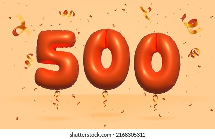 3d number 500 Sale off discount promotion made of realistic confetti Foil 3d Orange helium balloon vector. Illustration for selling poster, banner ads, shopping bag, gift box, birthday, anniversary