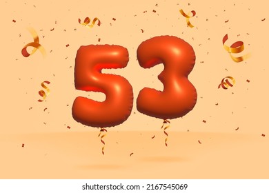 3d number 53 Sale off discount promotion made of realistic confetti Foil 3d Orange helium balloon vector. Illustration for selling poster, banner ads, shopping bag, gift box, birthday, anniversary