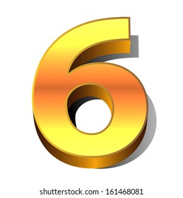 3d number 6 in gold metal on a white isolated background. 