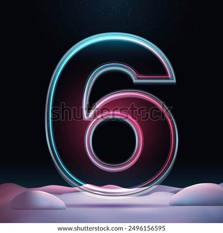 3D number 6 with neon light insight.  Glass symbol with sparkles and winter background. Futuristic holiday decoration. Element for design poster, advertisign or game