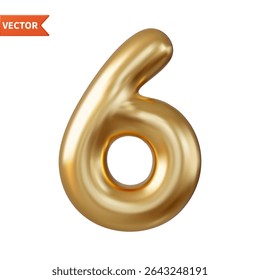 3d Number 6. six Number sign gold color Isolated on white background. 3d rendering. Vector illustration