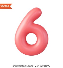 3d Number 6. six Number sign red color. Isolated on white background. 3d rendering. Vector illustration