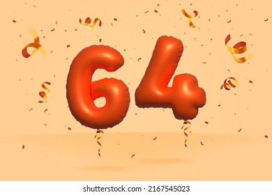 3d number 64 Sale off discount promotion made of realistic confetti Foil 3d Orange helium balloon vector. Illustration for selling poster, banner ads, shopping bag, gift box, birthday, anniversary