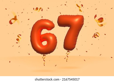 3d number 67 Sale off discount promotion made of realistic confetti Foil 3d Orange helium balloon vector. Illustration for selling poster, banner ads, shopping bag, gift box, birthday, anniversary