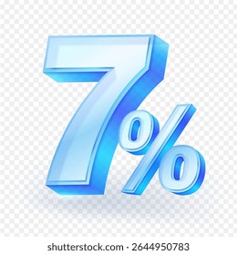 3d Number "7%" symbol with glass glowing. Represents a seven percent value, isolated on a transparent background. Ideal for promotions, discounts, sales, finance and advertising designs. Vector file.