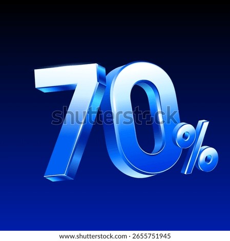 3d number 70% rendered in shiny metal style, isolated on background. 70 percent in 3d vector illustration