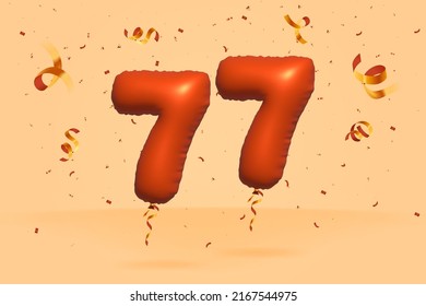 3d number 77 Sale off discount promotion made of realistic confetti Foil 3d Orange helium balloon vector. Illustration for selling poster, banner ads, shopping bag, gift box, birthday, anniversary