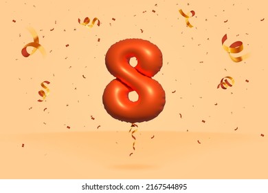 3d number 8 Sale off discount promotion made of realistic confetti Foil 3d Orange helium balloon vector. Illustration for selling poster, banner ads, shopping bag, gift box, birthday, anniversary