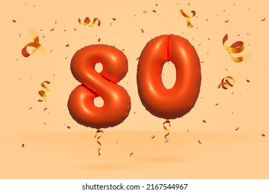 3d número 80 Venta de promoción de descuento hecha de confeti realista Foil 3d Vector de globo de helio naranja. Ilustración para la venta de afiches, anuncios publicitarios, bolsas de compras, caja de regalo, cumpleaños, aniversario