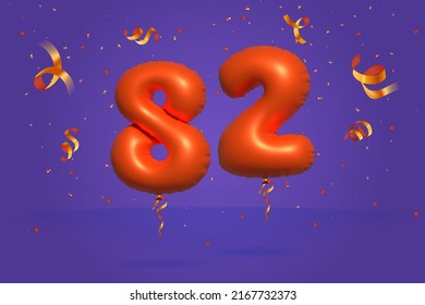 3d number 82 Sale off discount promotion made of realistic confetti Foil 3d Orange helium balloon vector. Illustration for selling poster, banner ads, shopping bag, gift box, birthday, anniversary