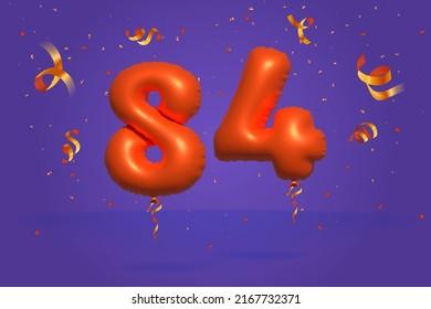 3d number 84 Sale off discount promotion made of realistic confetti Foil 3d Orange helium balloon vector. Illustration for selling poster, banner ads, shopping bag, gift box, birthday, anniversary