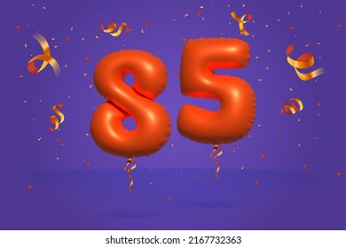 3d number 85 Sale off discount promotion made of realistic confetti Foil 3d Orange helium balloon vector. Illustration for selling poster, banner ads, shopping bag, gift box, birthday, anniversary