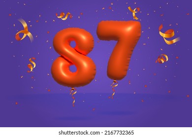 3d number 87 Sale off discount promotion made of realistic confetti Foil 3d Orange helium balloon vector. Illustration for selling poster, banner ads, shopping bag, gift box, birthday, anniversary