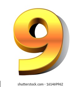 3d number 9 in gold metal on a white isolated background. 