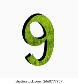 3D number 9 with grass texture isolated on a white background