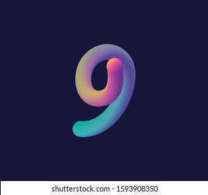 3D number 9 multi colour gradient digit icon vector template.