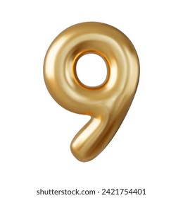 3d Number 9. nine Number sign gold color Isolated on white background. 3d rendering. Vector illustration