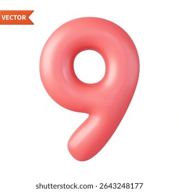 3d Number 9. nine Number sign red color. Isolated on white background. 3d rendering. Vector illustration