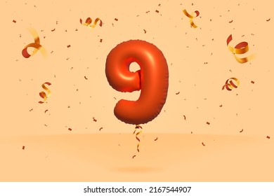 3d number 9 Sale off discount promotion made of realistic confetti Foil 3d Orange helium balloon vector. Illustration for selling poster, banner ads, shopping bag, gift box, birthday, anniversary