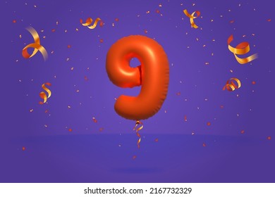 3d number 9 Sale off discount promotion made of realistic confetti Foil 3d Orange helium balloon vector. Illustration for selling poster, banner ads, shopping bag, gift box, birthday, anniversary