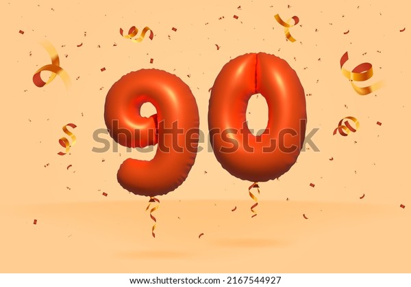 3d number 90 Sale off discount promotion made\
of realistic confetti Foil 3d Orange helium balloon vector.\
Illustration for selling poster, banner ads, shopping bag, gift\
box, birthday, anniversary