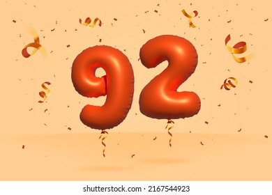 3d number 92 Sale off discount promotion made of realistic confetti Foil 3d Orange helium balloon vector. Illustration for selling poster, banner ads, shopping bag, gift box, birthday, anniversary