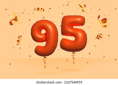 3d number 95 Sale off discount promotion made of realistic confetti Foil 3d Orange helium balloon vector. Illustration for selling poster, banner ads, shopping bag, gift box, birthday, anniversary