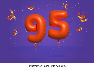 3d number 95 Sale off discount promotion made of realistic confetti Foil 3d Orange helium balloon vector. Illustration for selling poster, banner ads, shopping bag, gift box, birthday, anniversary
